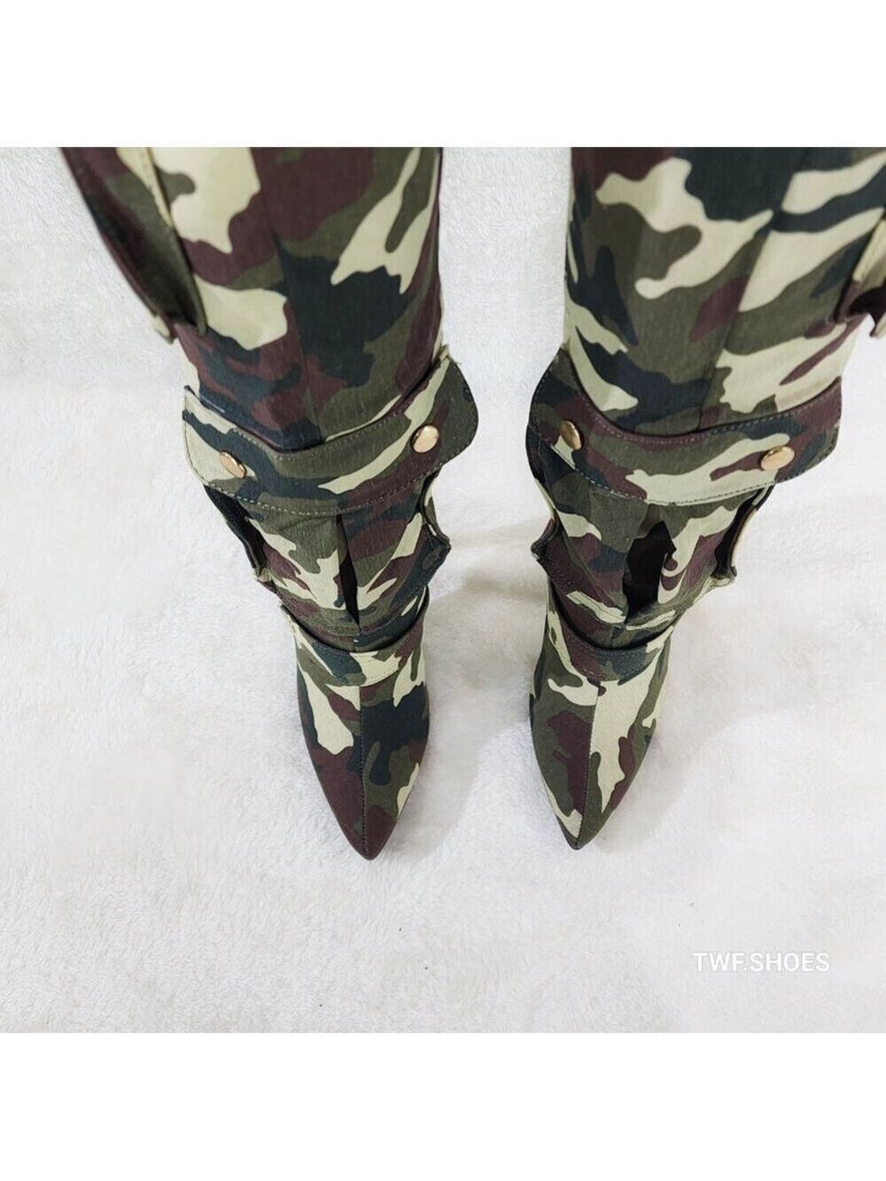 Army Girlz Canvas Camouflage Camo Cargo Knee High Stiletto Heel Boots - Picture 7 of 12